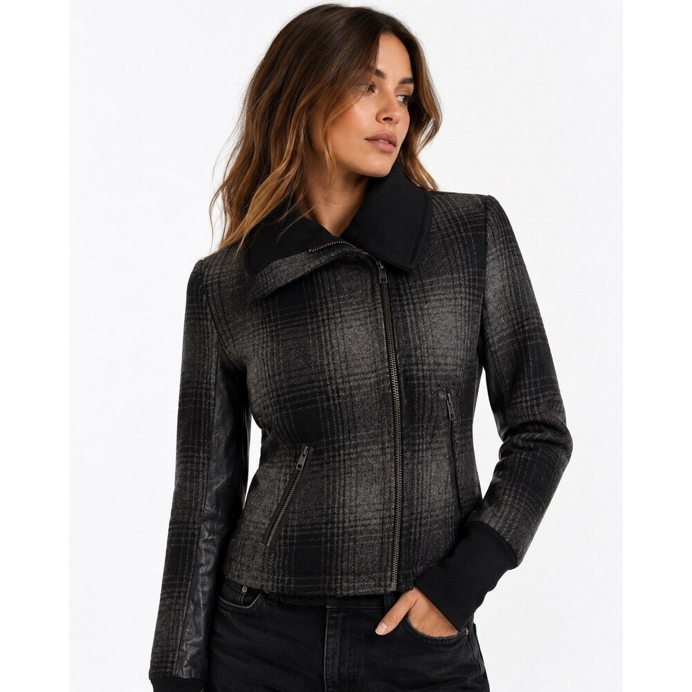 A.L.C. Plaid Wool Blend Moto Jacket Leather Trim Asymmetrical Zip Gray Black 2